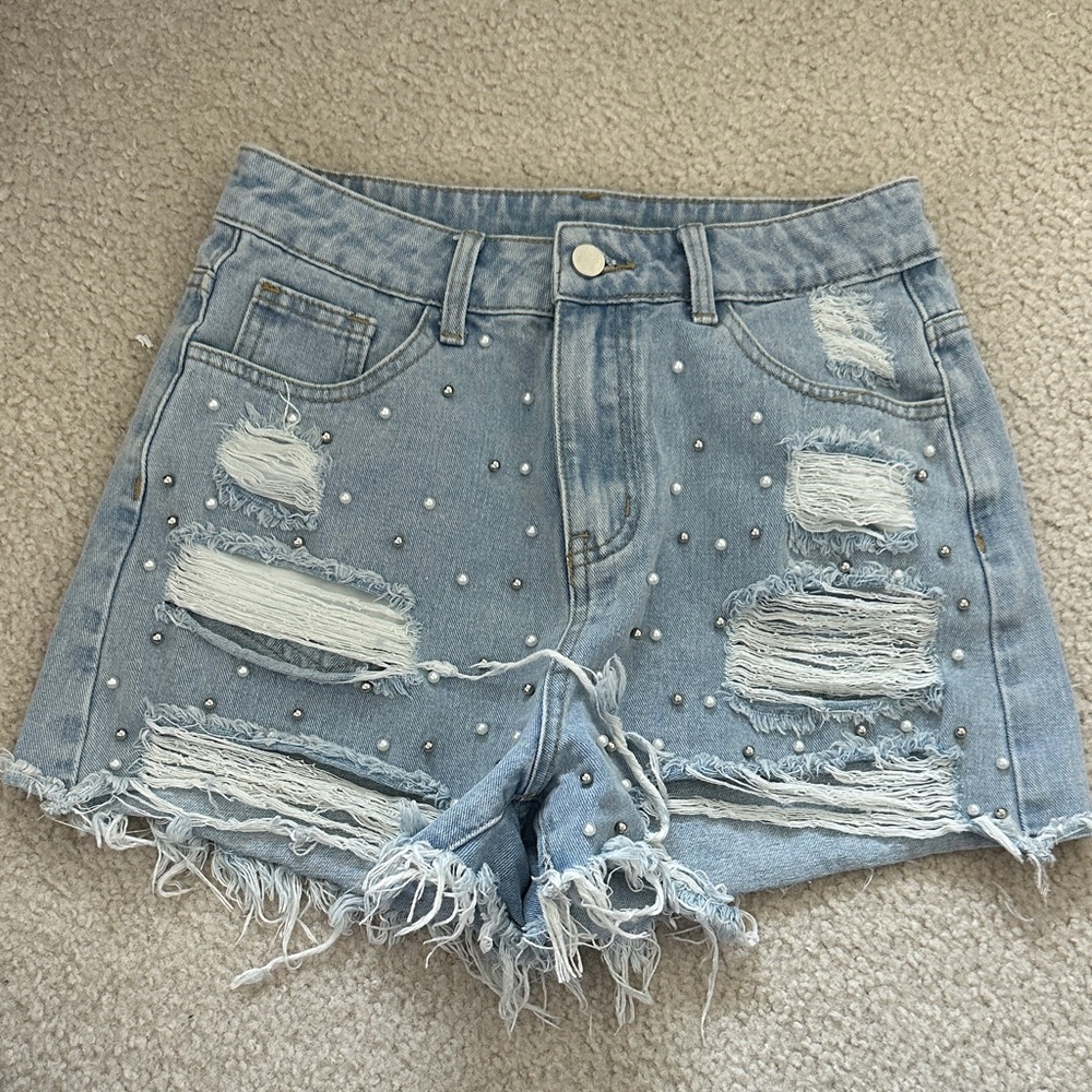 Cider Light Blue Distressed Pearl-Studded Denim Shorts
